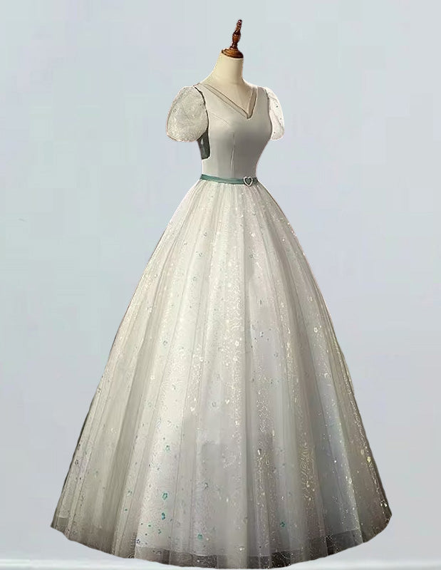 Plus Size Silver Gray Sparkle Tulle Evening Gown V-Neck Prom Bridesmaid Dress