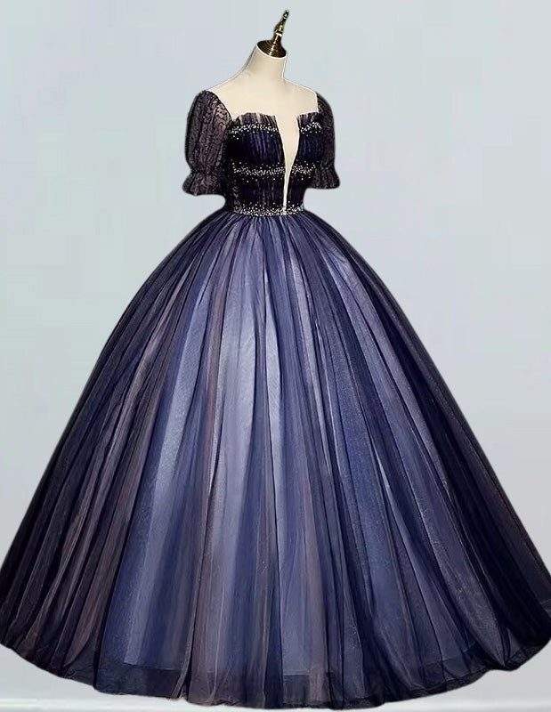 Women's Navy Blue Beaded V-Neck Evening Gown | Prom & Bridesmaid Dress