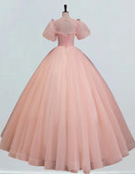 Pink Tulle Ball Gown Prom Dress | Puff Sleeves Beaded Scoop Bodice | Elegant Evening Wear