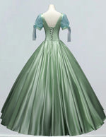 Sage Green Satin Ball Gown with Pleated Sleeves | Boat Neck Prom & Bridesmaid Dress