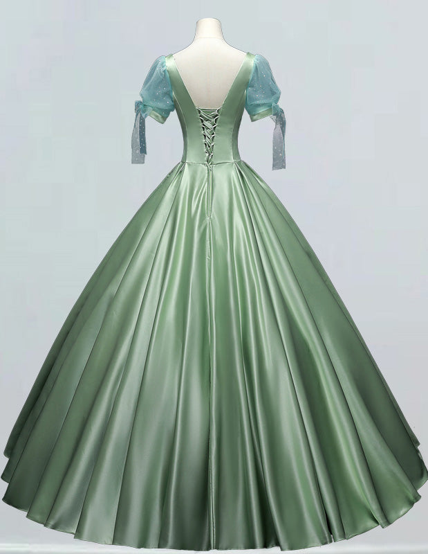 Sage Green Satin Ball Gown with Pleated Sleeves | Boat Neck Prom & Bridesmaid Dress
