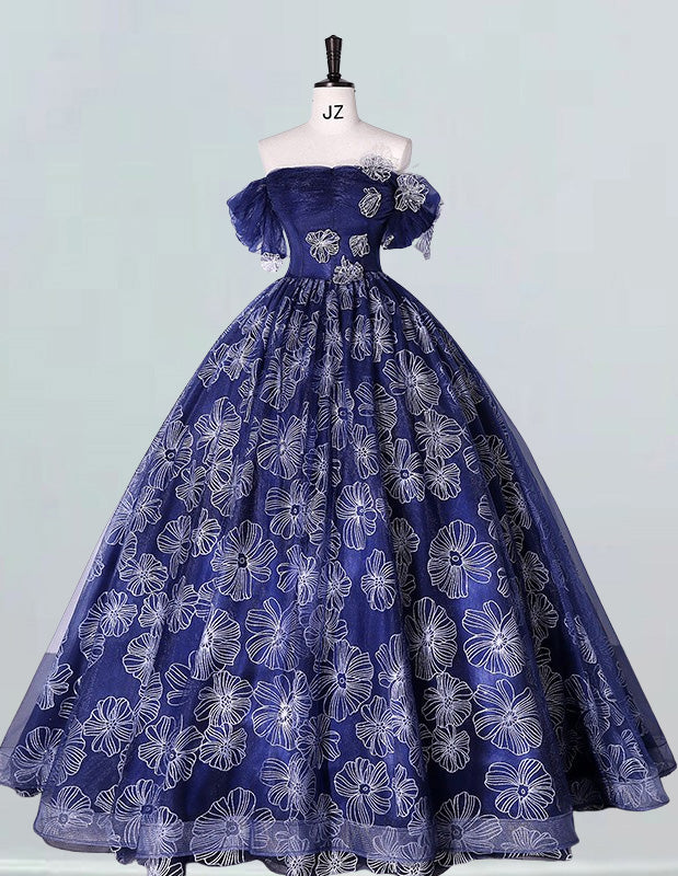 Navy blue off the shoulder pleated beading lace tulle ball gown prom dress