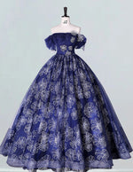 Navy blue off the shoulder pleated beading lace tulle ball gown prom dress