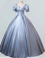 Women's Elegant Blue Lace Applique Prom Dress with Pockets & Short Sleeves