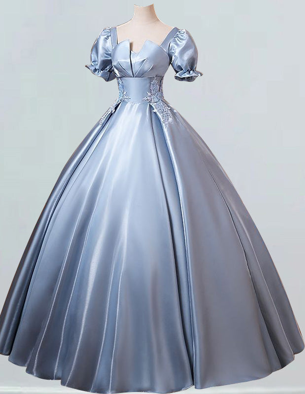 Women's Elegant Blue Lace Applique Prom Dress with Pockets & Short Sleeves