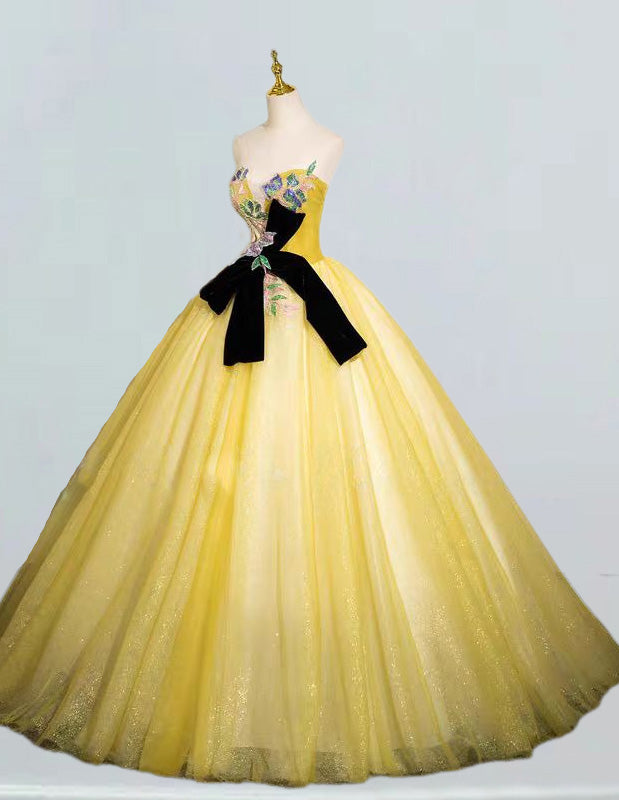 Yellow strapless lace long tulle ball gown prom dress