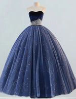 Strapless Navy Velvet Ball Gown | Pearl Accents Prom & Evening Dress