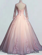 Pink collar long sleeve tulle party dress ball gown lace applique prom dress