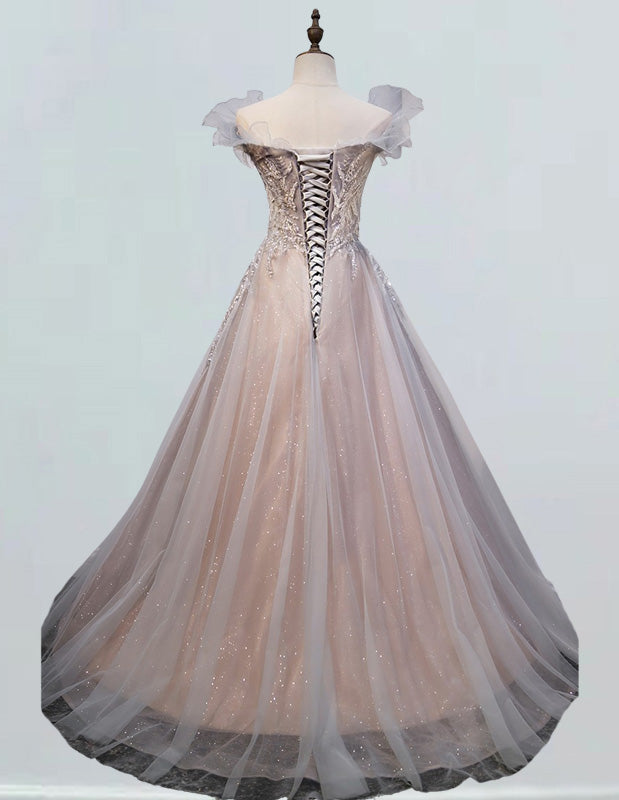 Women's Elegant V-Neck Beaded Lace Tulle Evening Ball Gown | Prom & Bridesmaid Dress