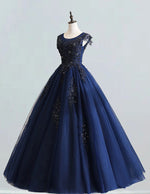 Navy blue scoop lace applique beading long tulle ball gown bridal party gown