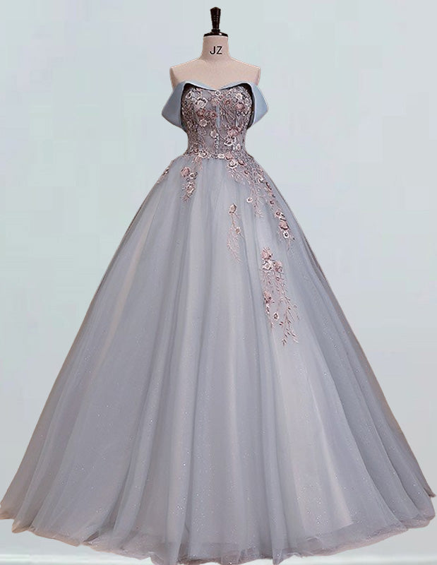 Women's Blue Lace Applique Off-Shoulder Prom Ball Gown | Elegant Evening Dress