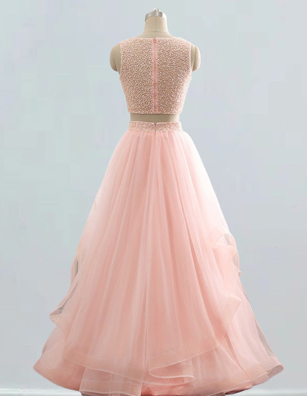 Pink Beaded Boat Neck Prom Gown | Rhinestone Detail | Elegant Evening Dress