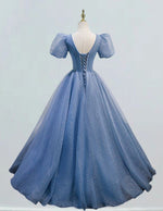 Blue v neck beading lace long sparkle tulle ball gown