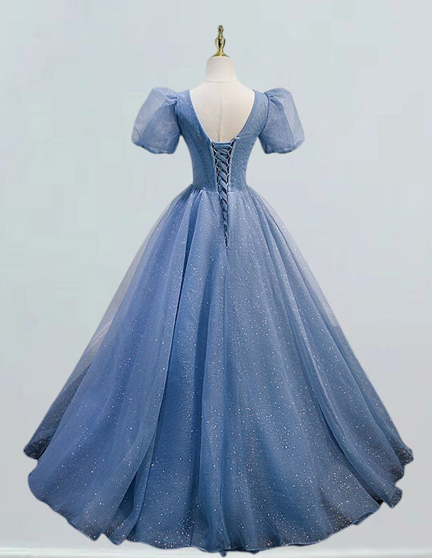 Blue v neck beading lace long sparkle tulle ball gown