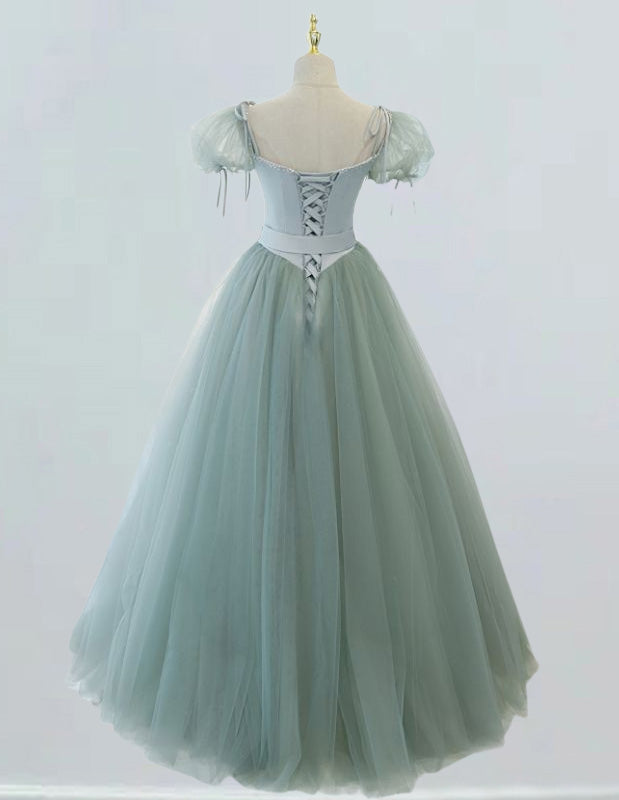 Mint Green Tulle Prom Dress Cap Sleeve Floor-Length Evening Gown