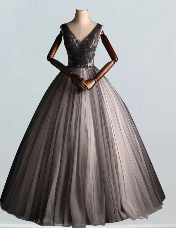 Women's Elegant V-Neck Tulle Ball Gown | Beaded Rhinestone Prom & Wedding Dress
