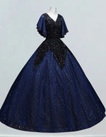Women's Velvet V-Neck Sparkle Tulle Ball Gown Prom Dress in Dark Navy