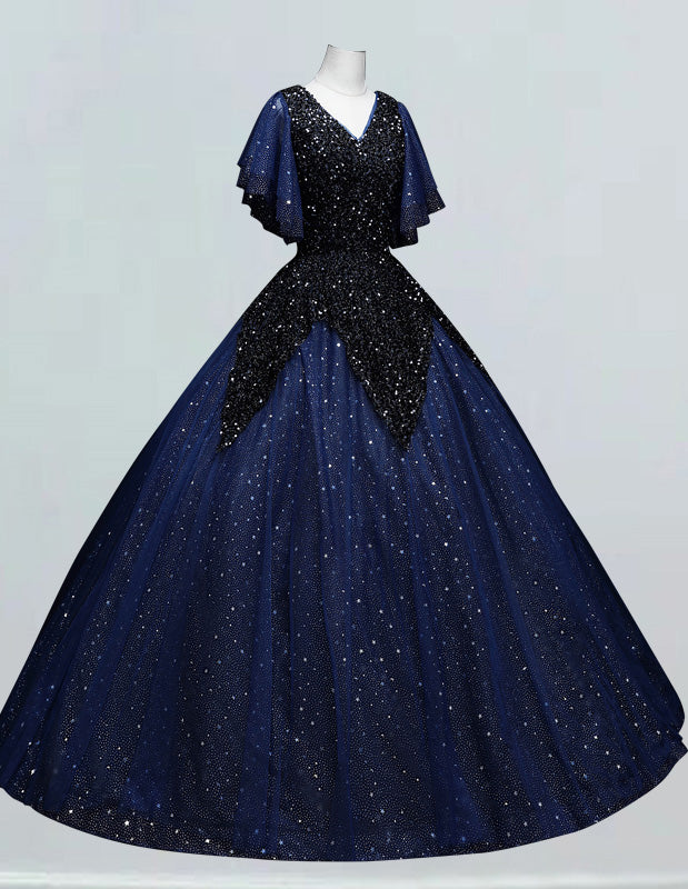 Women's Velvet V-Neck Sparkle Tulle Ball Gown Prom Dress in Dark Navy