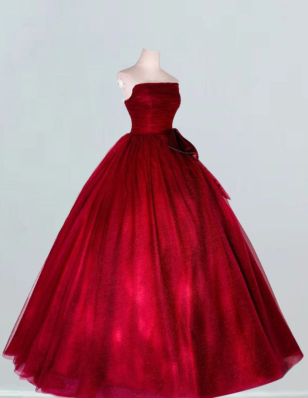 Burgundy Strapless Tulle Evening Gown | Prom & Bridal Ball Dress