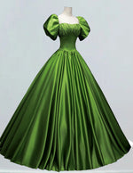 Green square neck pleated beaded crystal long satin prom dress ball gown evening party gown