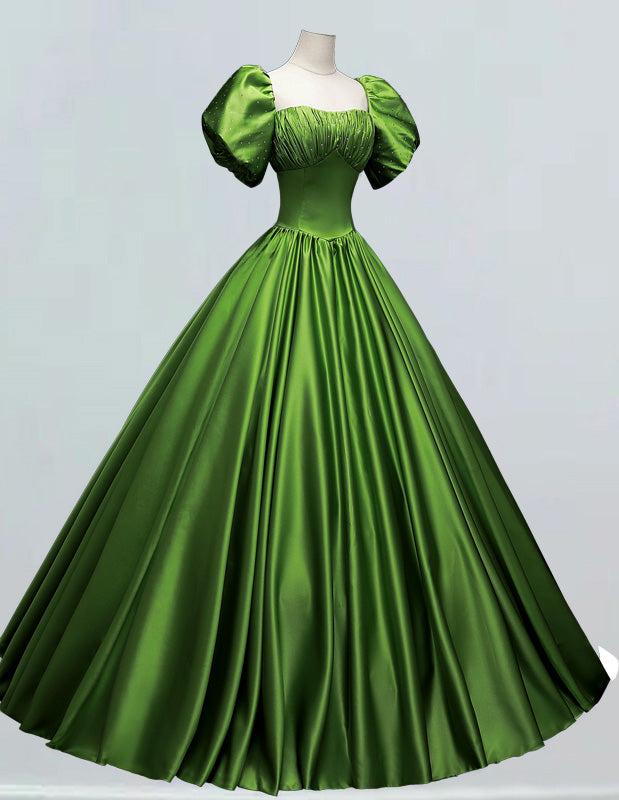 Green square neck pleated beaded crystal long satin prom dress ball gown evening party gown