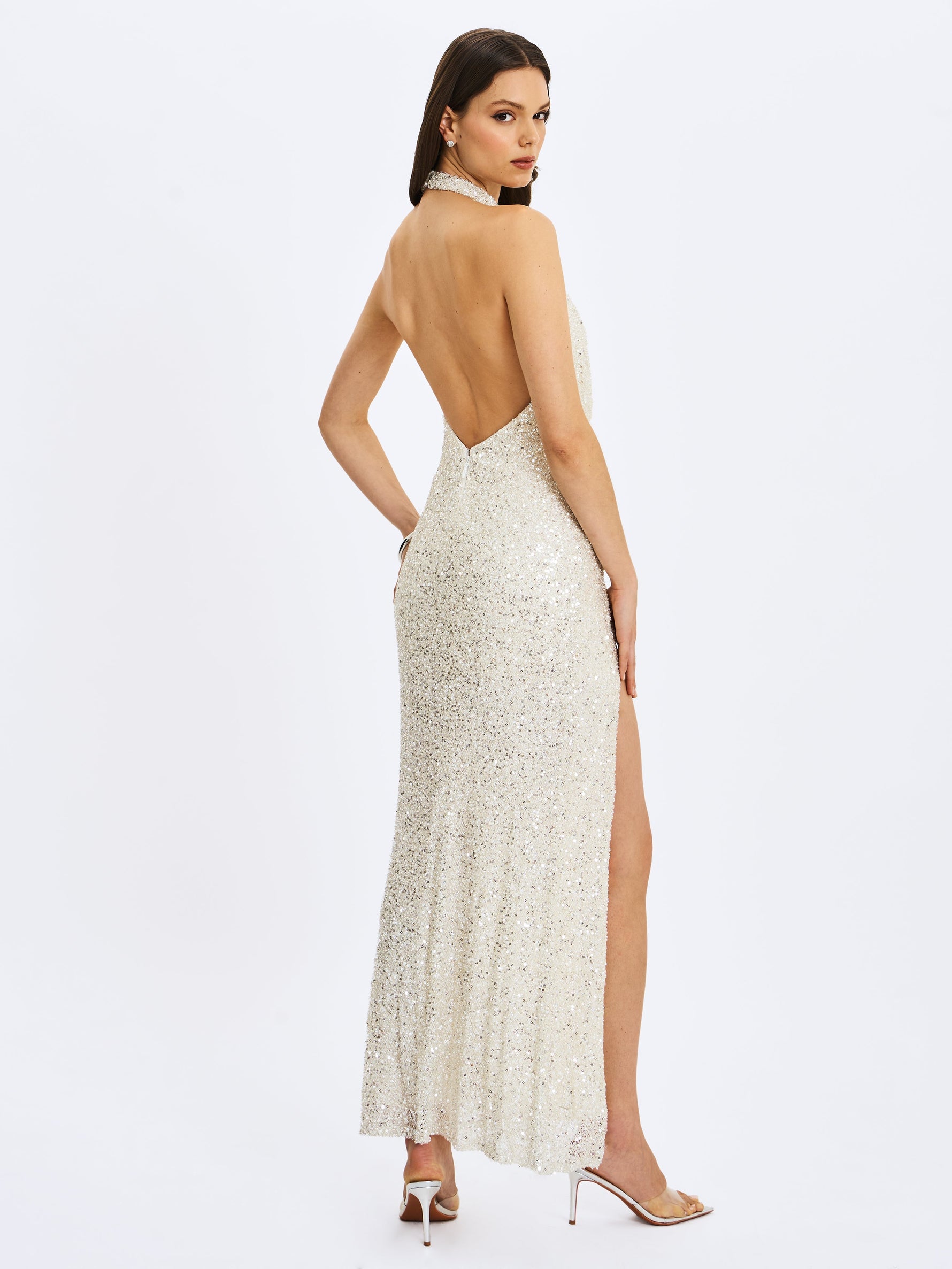 Niamh Golden Beaded Cowl Halter Backless Maxi Dress Miss Circle