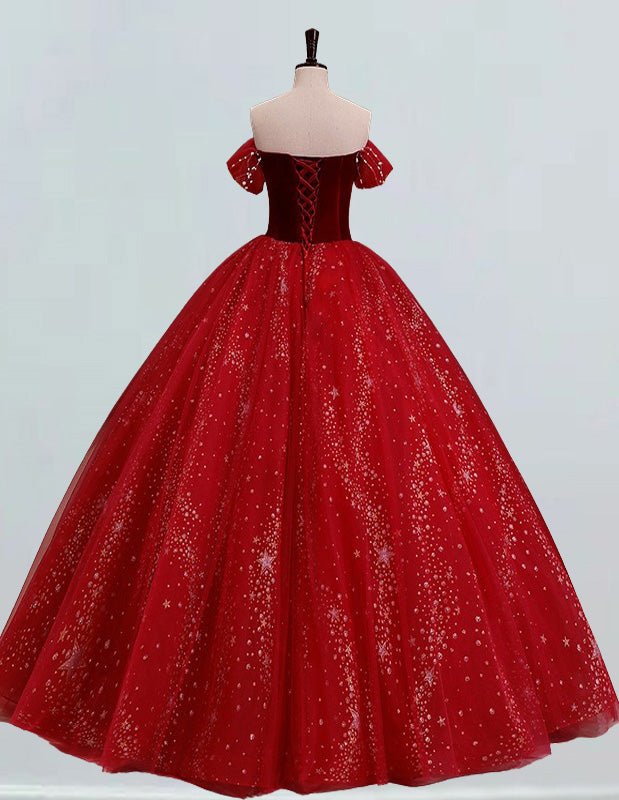 Burgundy strapless velvet beading long tulle ball gown bridal party dress princess wedding gown