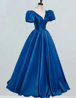 Elegant Blue Short-Sleeved V-Neck Prom Gown | Girls' Formal Evening Dress