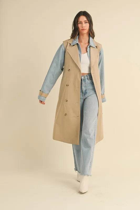 MABLE Layered Look Trench Coat With Denim Jacket - By Baano