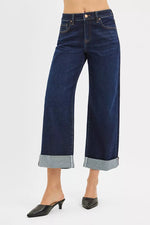 Risen Mid Rise Ankle Jeans With Wide Roll Up Cuffs Details