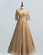 Elegant Gold Tulle Beaded Prom Dress | Square Collar Evening Gown