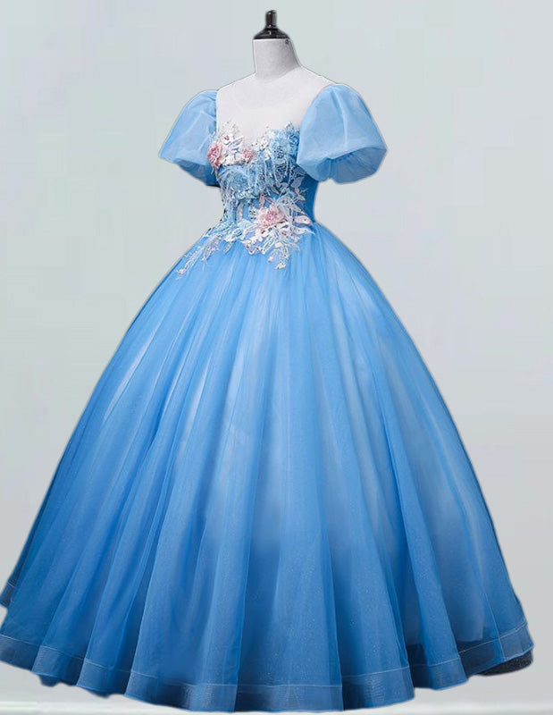 Women's Elegant Blue Tulle Prom Dress | Lace Applique Evening Gown with Sleeves