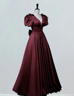Burgundy v neck satin prom gown long evening dress bridal gown