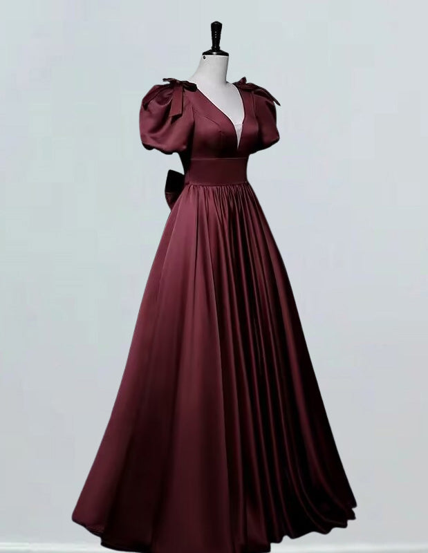 Burgundy v neck satin prom gown long evening dress bridal gown