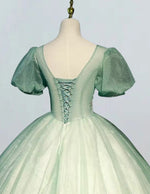 Green v neck short sleeve lace beaded long prom dress ball gown
