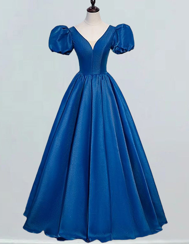 Elegant Blue Short-Sleeved V-Neck Prom Gown | Girls' Formal Evening Dress