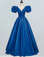 Elegant Blue Short-Sleeved V-Neck Prom Gown | Girls' Formal Evening Dress