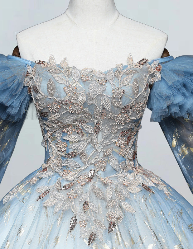 Tulle Long Sleeve Bridal Ball Gown Off the shoulder Princess Prom Dress Lace Applique Party Dress Long A line Formal Party Gown