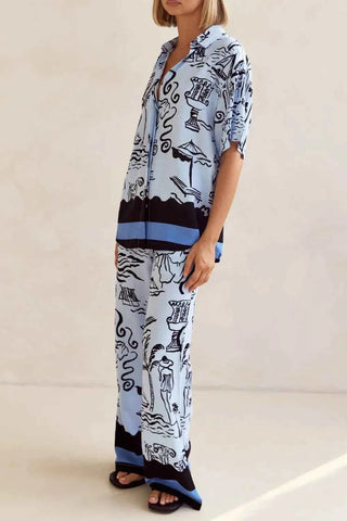 Printed Button Up Shirt and Pants Set Plus Size - By Baano