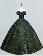 Plus Size Dark Green Velvet Sequin Off-Shoulder Prom Dress | Floor-Length Ball Gown