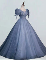 Gray blue scoop short sleeve long tulle ball gown bridal dress