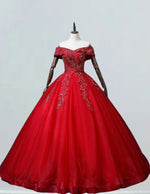 Red off the shoulder beaded lace applique rhineston tulle prom dress ball gown long wedding dress gown