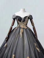 Black off the shoulder princess ball gown gold lace applique wedding gown evening gown