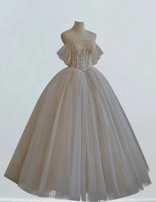 Elegant Off-Shoulder Pleated Tulle Prom Dress with Beading