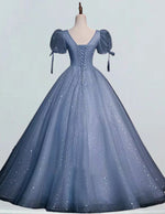 Women's Blue Tulle Prom Gown with Lace Applique | Scoop Neck Evening Dress