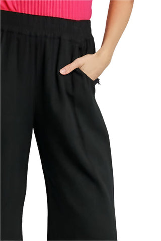 XL Black Linen Blend Elastic Waistband Wide Leg Pants