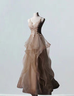 Women's V-Neck Lace Applique Ball Gown | Beaded Spaghetti Strap Prom Dress