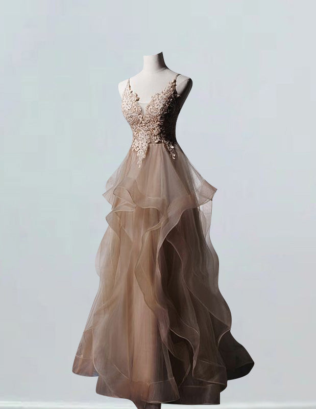 Women's V-Neck Lace Applique Ball Gown | Beaded Spaghetti Strap Prom Dress