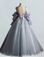Grey blue straps detachable sleeve pleated pink lace applique long tulle prom dress ball gown evening party dress