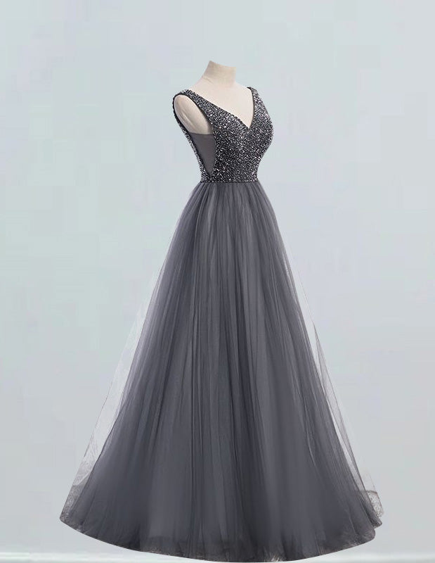 Women's Elegant V-Neck Tulle Prom Dress | Rhinestone Beaded Ball Gown